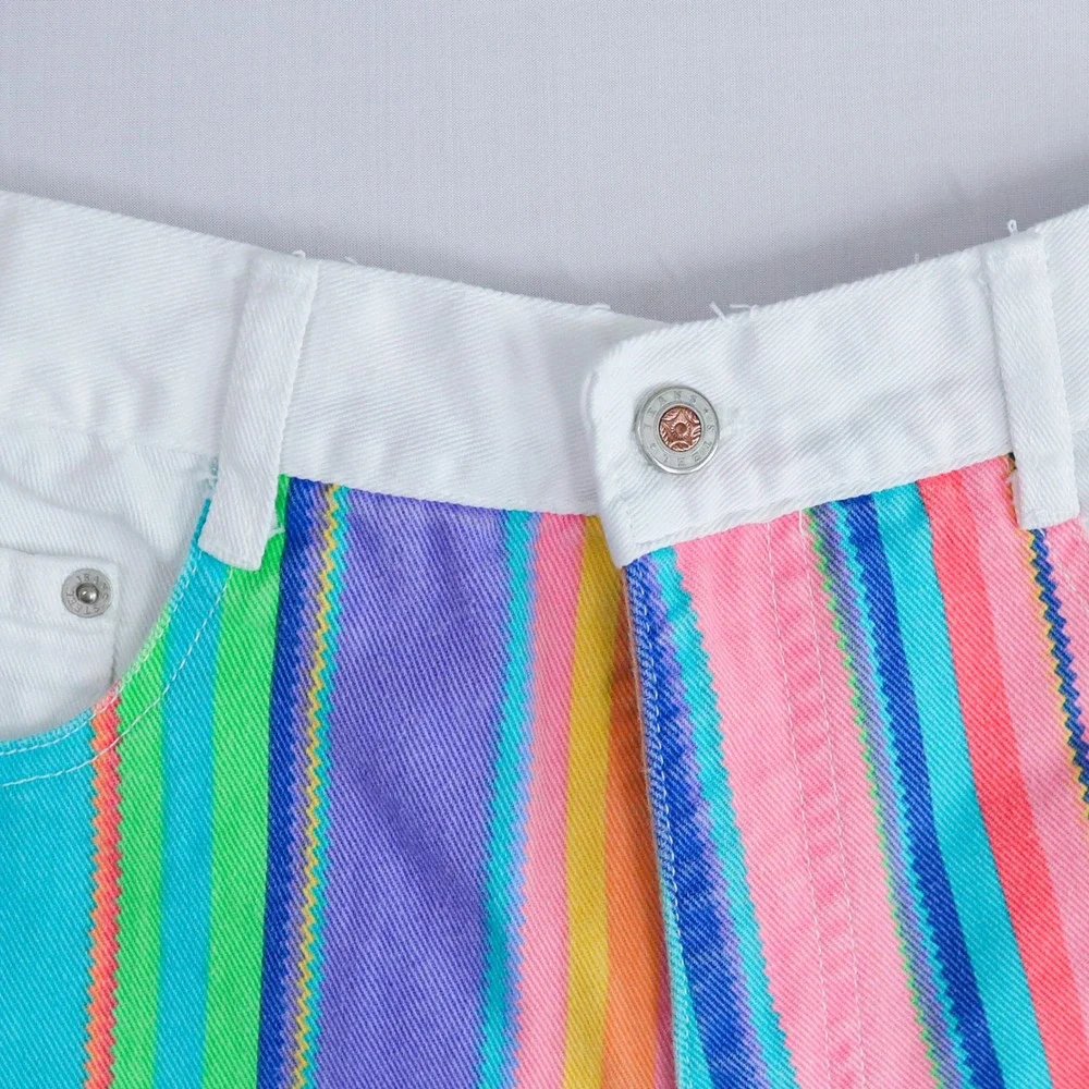 Vintage‎ 90s Steel Jeans Denim Shorts Womens 7 White Rainbow Stripe Fringe USA